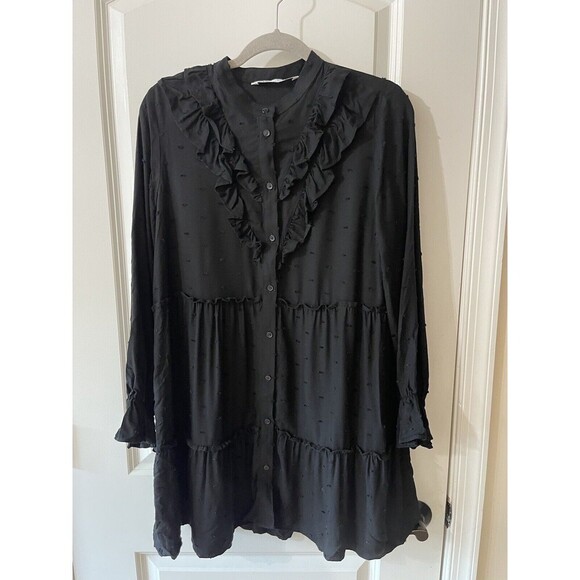 Zara Women’s Small Black Tiered Ruffle Long Sleeve Dress Babydoll - Picture 3 of 10